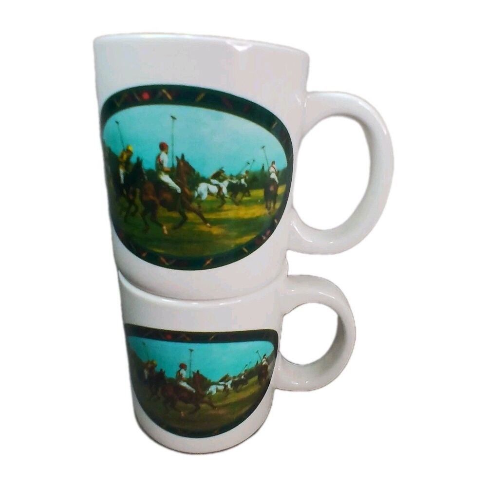 2 Ralph Lauren Horse Polo Equestrian Tartan Plaid Pictorial Coffee Mugs Tea Cups